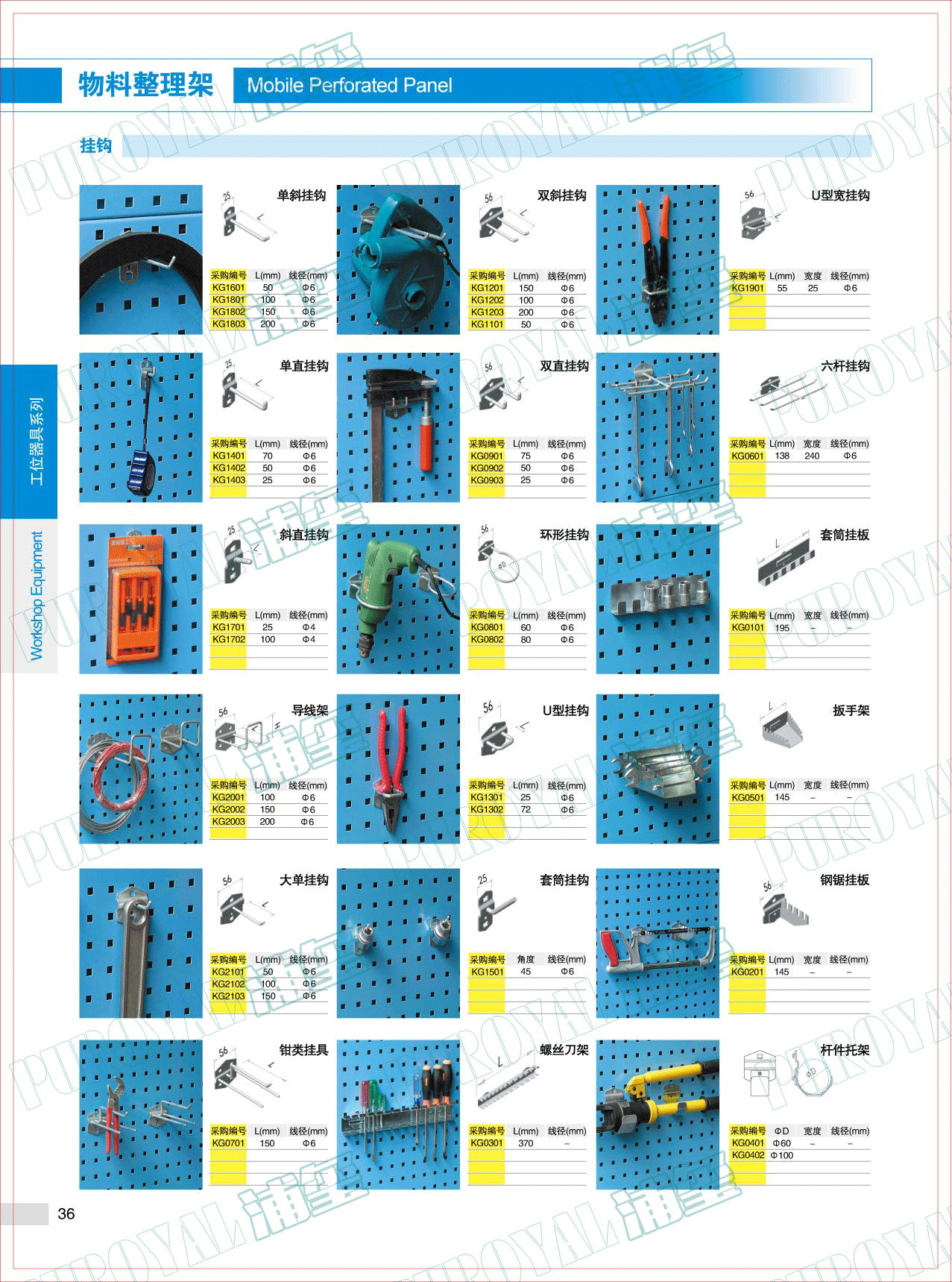 單斜掛鉤，KG1601,KG1801,1802,1803,雙斜掛鉤，KG1201，KG1202，KG1203，KG1101，U型寬掛鉤，KG1901，單直掛鉤，KG1401，KG1402，KG1403，雙直掛鉤，KG0901，KG0902，KG0903，六桿掛鉤，KG0601，斜直掛鉤，KG1701，KG1702，環(huán)形掛鉤,KG0801，KG0802，套筒掛板，KG0101，導(dǎo)線架，KG2001，KG2002，KG2003，U型掛鉤，KG1301，KG1302，扳手架，KG0501，大單掛鉤，KG2101，KG2102，KG2103，套筒掛鉤，KG1501，鋼鋸掛板，KG0201，鉗類掛具，KG0701，螺絲刀架，KG0301，桿架托架，KG0401，KG0402